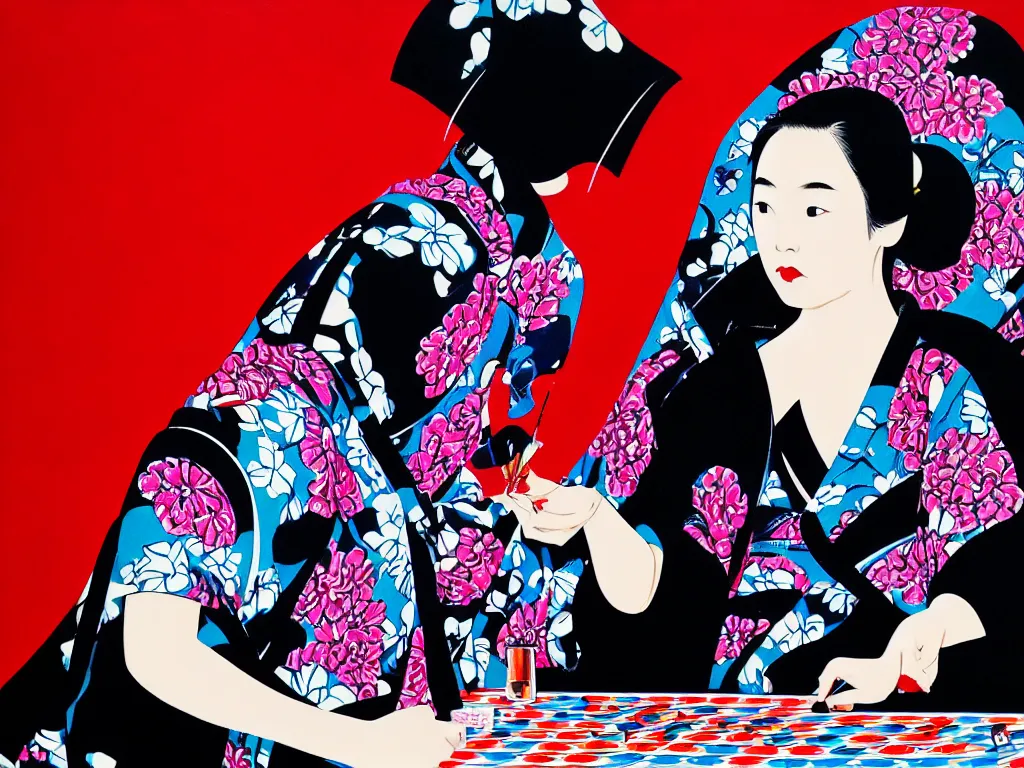Image similar to hyperrealistim composition of the detailed single woman in a japanese kimono sitting at a extremely detailed poker table with darth vader, fireworks, river on the background, pop - art style, jacky tsai style, andy warhol style, acrylic on canvas