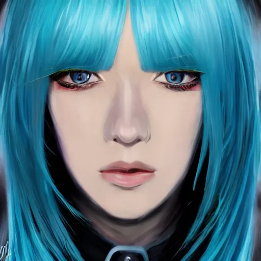 Image similar to full face shot of rimuru tempest, sky blue straight hair, long bangs, with amber eyes, wearing a fancy black jacket, high collar, ultra detailed, brush strokes, digital painting, cinematic, wlop artstation, closeup, pixiv, intense, intimidating glare, photorealistic, overpowering, andy warhol,