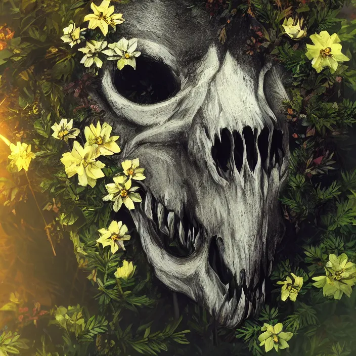 Prompt: overgrown foliage on a realistic wolf skull, close - up, beautiful, lens flare, emotional, sweet, flowers, detailed, picture, artstation, award - winning