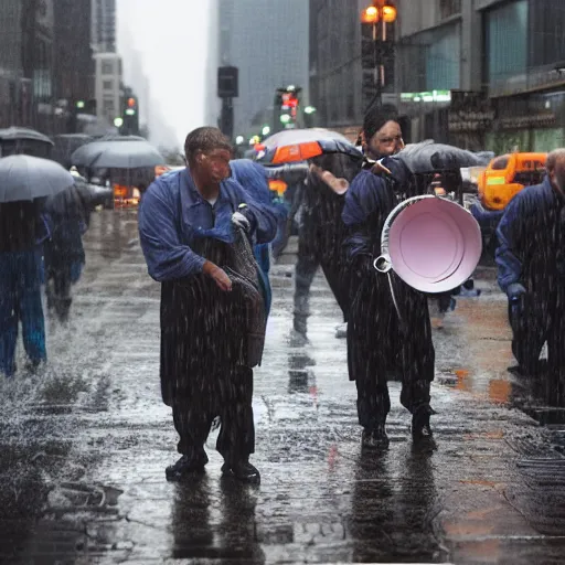 Image similar to closeup portrait of a group of cleaners fighting puddles traffic in rainy new york street, by Steve McCurry and David Lazar, natural light, detailed face, CANON Eos C300, ƒ1.8, 35mm, 8K, medium-format print