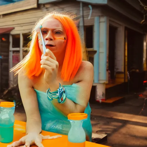 Prompt: cinematic photo of a beautiful albino frog woman lit with split colour turquoise and orange lighting buying lemonade from a childrens lemonade stand in suburbia