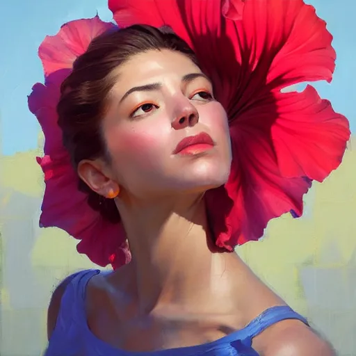 Image similar to greg manchess portrait of hibiscus with person head fantasy medium shot, asymmetrical, profile picture, organic painting, sunny day, matte painting, bold shapes, hard edges, street art, trending on artstation, by huang guangjian and gil elvgren and sachin teng