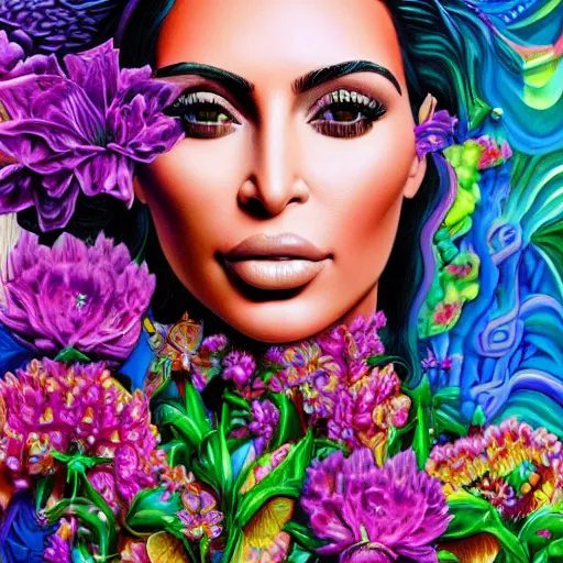 Prompt: amazing beautiful surreal psychedelic hyperdetailed portrait painting of a kim kardashian surrounded by beautiful flowers. hq. 8 k. trending on artstation