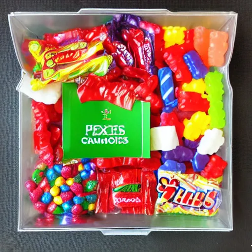 Image similar to a box full of candies and gummies