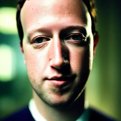 Prompt: close - up portrait of dark zuckerberg, ominous low light, kodak portra 8 0 0, f 1. 8 8 5 mm zeiss lens