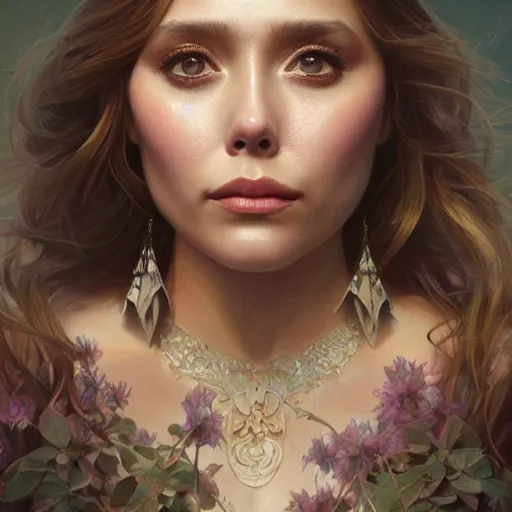 Prompt: ultra realistic illustration, elizabeth olsen, intricate, elegant, highly detailed, digital painting, artstation, concept art, smooth, sharp focus, illustration, art by artgerm and greg rutkowski and alphonse mucha