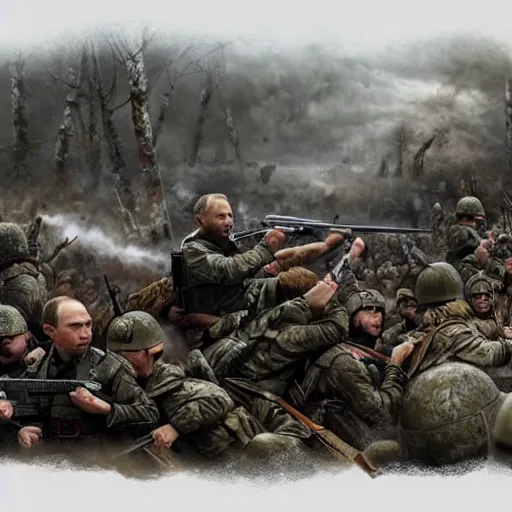 Prompt: Vladimir Putin is fighting at the front against Ukraine epic battle, Drawing with pencils, 4K