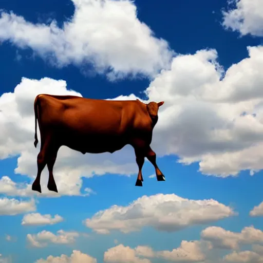 Prompt: a cow flying in the sky with clouds