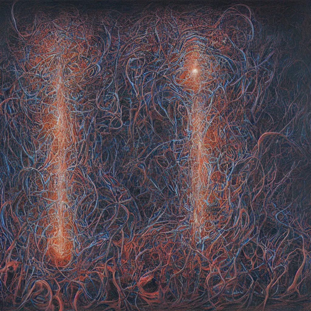 Prompt: the cosmic fractal core that underlies the universe illuminated by the screaming souls of the dead, by Gerald Brom and Zdzisław Beksiński