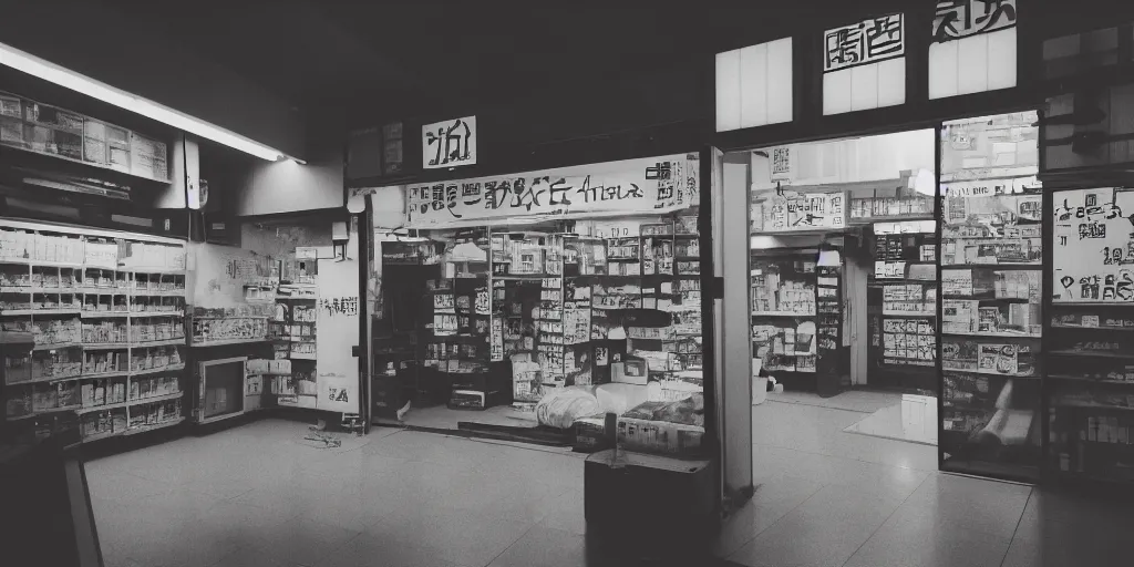 Image similar to interior of a japanese convenient store after midnight, large windows with a view of a parking lot, grey interior, low lights, old television with static noise in the pathway, creepy atmosphere, desolate, cinematic, cyberpunk, 8 k, trending on artstation