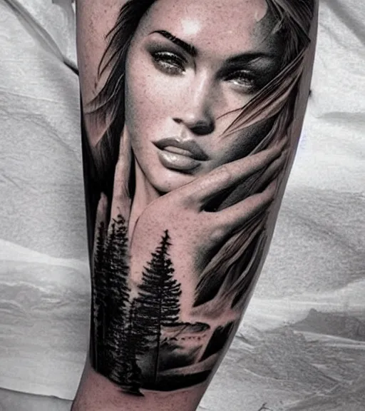 Image similar to double exposure effect tattoo design sketch of megan fox with beautiful mountain scenery, realism tattoo, in the style of matteo pasqualin, amazing detail, sharp