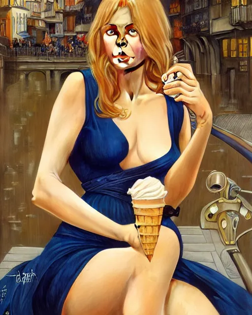 Prompt: portrait of a blonde fuller figured barbara bach from the bond film wearing a dark blue jumpsuit and eating ice creams in porto, real life skin, intricate, elegant, highly detailed, artstation, concept art, smooth, sharp focus, art by artgerm and greg rutkowski and alphonse mucha