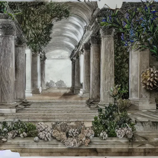 Image similar to delicate marble garden on paper, stony, puffy, botanical herbarium, botanic watercolors, iridescent, 8 k wide angle, realistic shaded, fine details, artstation, italian, colonnade, oak tree, pinecone, pomegranade, hydrangea, vines, gardena architecture, pompeii