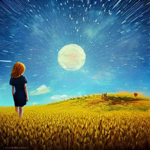 Image similar to giant daisy flowers as a head, girl walking in wheat field, hills, surreal photography, moon light, dark night, star trails, dramatic light, impressionist painting, clouds, digital painting, artstation, simon stalenhag