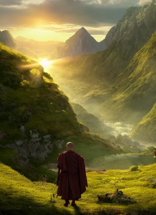 Prompt: a monk in lord of the rings scenery landscape, looking out at a vast lush valley at sunrise with a temple on a mountain in the distance, god's rays, highly detailed, vivid color, cinematic lighting, perfect composition, 8 k, gustave dore, derek zabrocki, greg rutkowski, belsinski, octane render