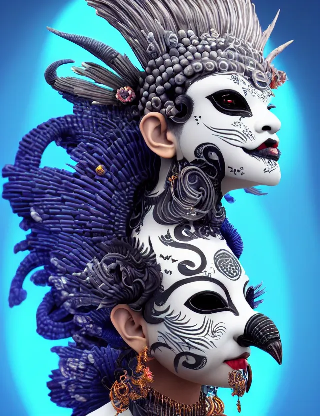 Image similar to 3 d goddess close - up profile simple portrait punk with mohawk with ram skull. beautiful intricately detailed japanese crow kitsune mask and clasical japanese kimono. betta fish, jellyfish phoenix, bio luminescent, plasma, ice, water, wind, creature, artwork by tooth wu and wlop and beeple and greg rutkowski