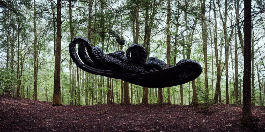 Image similar to a huge black octopus in the middle of a forest, winding around trees, beautiful ambient light, 8k photography