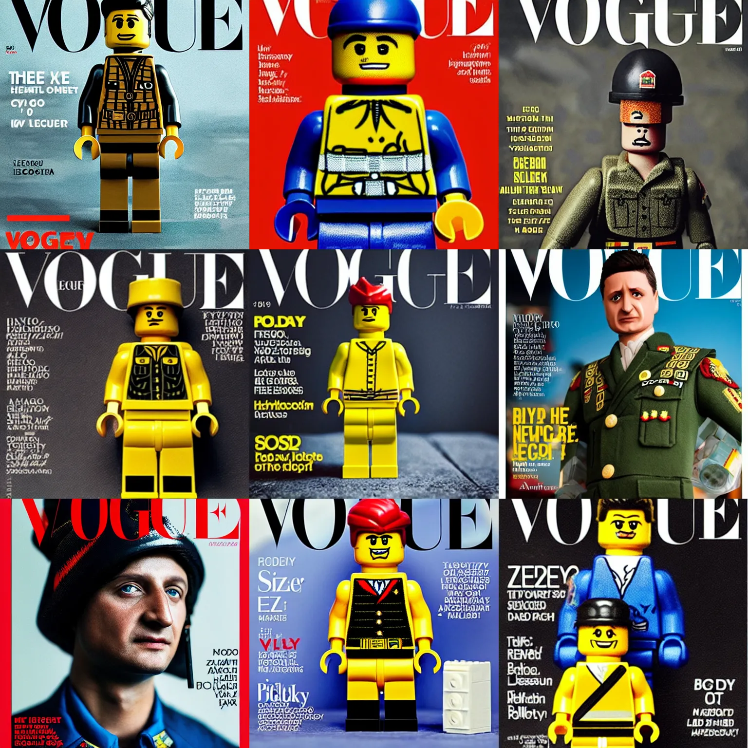 Prompt: Volodymyr Zelensky Lego soldier on the cover of the Vogue magazine