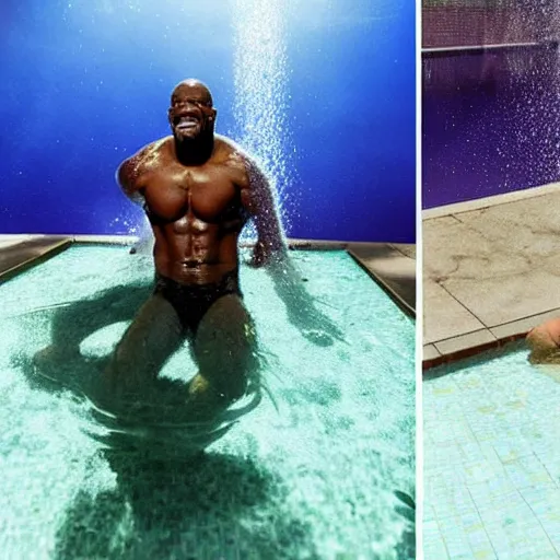 Prompt: terry crews swimming in a pool, the pool is made of salsa, cinematic lighting