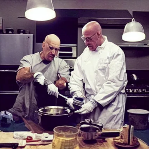 Image similar to “Very photorealistic screenshot of Joe Biden and Walter White cooking drugs in an episode of Breaking Bad, atmospheric lighting, award-winning”