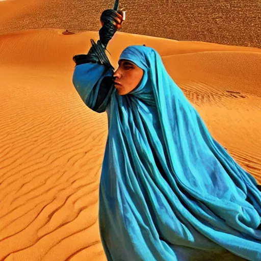 Image similar to beautiful burqa's woman, ride horse in saharan, dress like taliban, sharp eyes, white skin, beautiful tatted hands, riffle on chest, dust, cinematic, dynamic pose, pinterest