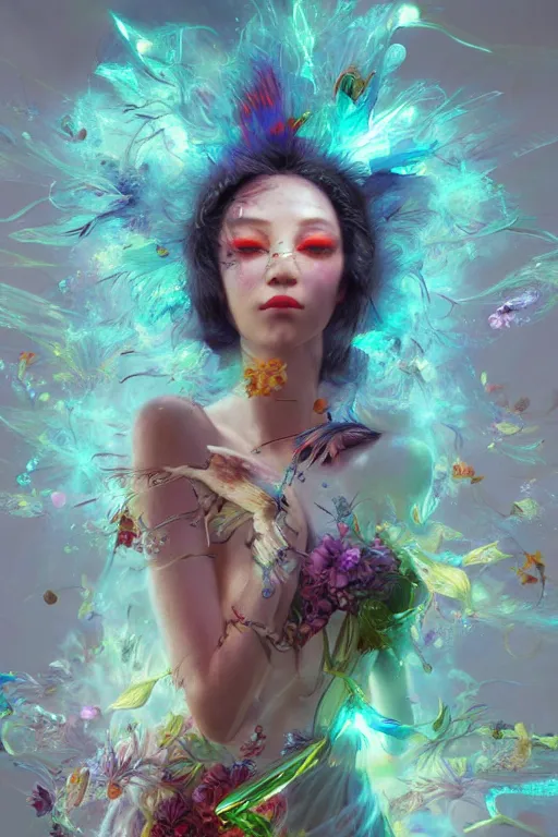 Image similar to beautiful girl witch - doctor exploding into flowers electricity crystal dress, angels, 3 d render, hyper - realistic detailed portrait, holding electricity and birds, ruan jia, wlop. scifi, fantasy, magic the gathering, hyper detailed, octane render, concept art by artgerm, peter mohrbacher