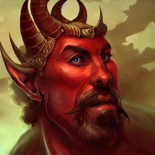 Image similar to dnd portrait of a tiefling, male, red scales, a big black beard, completely golden eyes,
