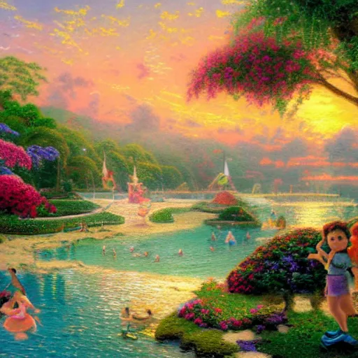 Prompt: children playing in paradise, by Thomas Kinkade and Disney. Detailed, realistic, 8k.