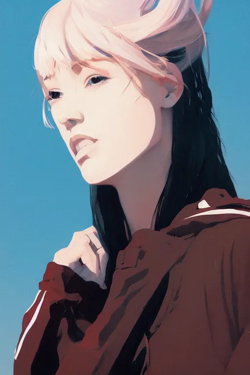 Image similar to a ultradetailed beautiful panting of a stylish woman, she is wearing an oversized nike jacket, by ilya kuvshinov, greg rutkowski, conrad roset and makoto shinkai