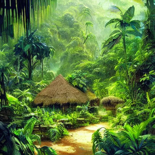 Image similar to a village in the rainforest, highly detailed, hd, beautiful, sharp focus, vine, lush plants, smoothly, artstation, by john berkey