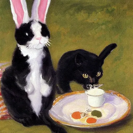 Image similar to a cat cat with black fur having a picnic with a (bunny), the (bunny) has pink fur, the cat is drinking tea, highly detailed, painted by John Singer Sargent