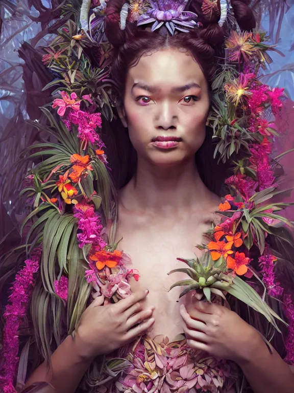 Image similar to beautiful portrait of a Subtropics minority female wearing fantastic costume, pigtail,subtropical plants,subtropical plants flowers,intricate, elegant, highly detailed, dim volumetric lighting, 8k,octane,post-processing,digital painting, trending on artstation, concept art, smooth, sharp focus, illustration,by Tom Bagshaw and Daniel Gerhartz and Albert Aublet and Lawrence Alma-Tadema and alphonse mucha