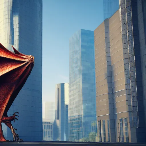 Image similar to high quality realistic render of a giant female anthropomorphic dragon; leaning against a building with an elegant pose, in the city, 3D render, 8k HD, Deviantart, Furaffinity