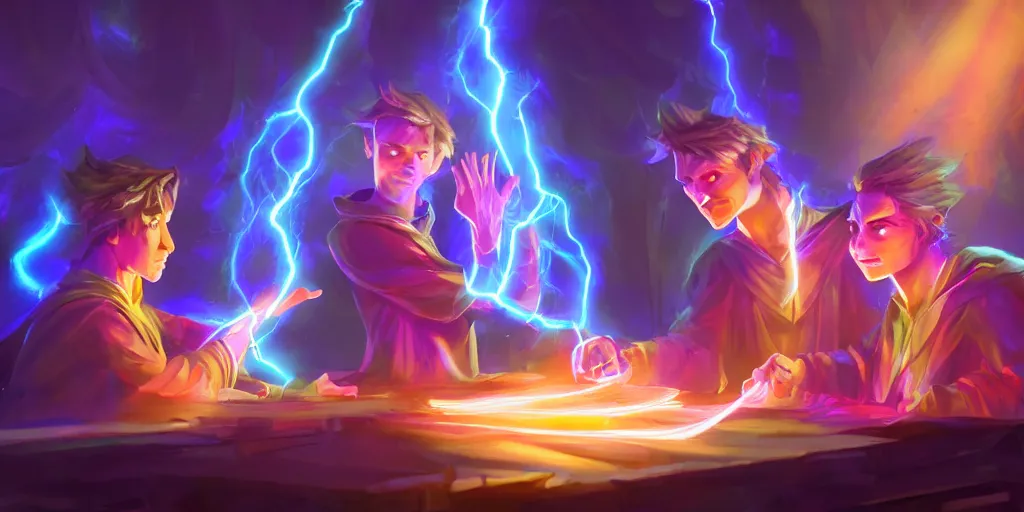 Prompt: a mage and his brother they are in front of the desk working on a new spell that is casting out flowing energy, colorful, flowing energy, light rays, consistent face, medium shot, waist up, sharp, concept art, highly detailed, bloom, dramatic lighting, cinematic