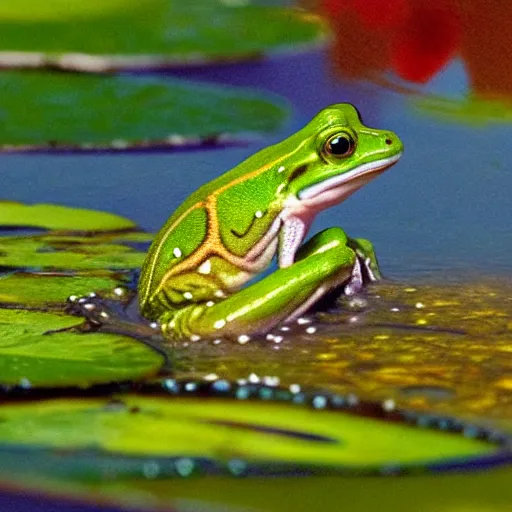 Image similar to fantasy art, close - up of a crowned prince frog in a small crown!!! crown crown crown in the pond with water lilies, shallow depth of field, highly detailed, autumn, rain, masterpiece, matte painting, sharp focus, matte painting, by isaac levitan, by monet, asher brown durand,