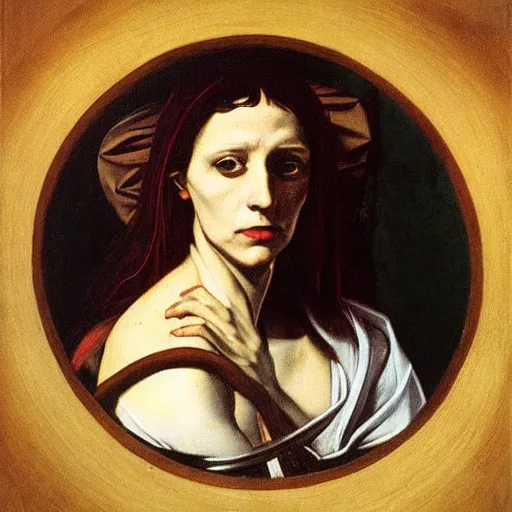 Image similar to portrait of beautiful witch circe in the odyssey, art by petrus christus, caravaggio, leonardo da vinci