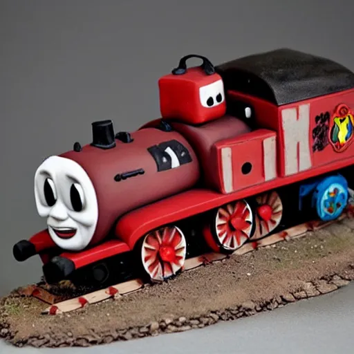 Image similar to zombie apocalypse thomas the tank engine clay sculpture, ominous