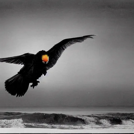 Prompt: realistic high speed photograph of the eldritch sun conure rising from the ocean depths surging with dark power by Zdzisław Beksiński