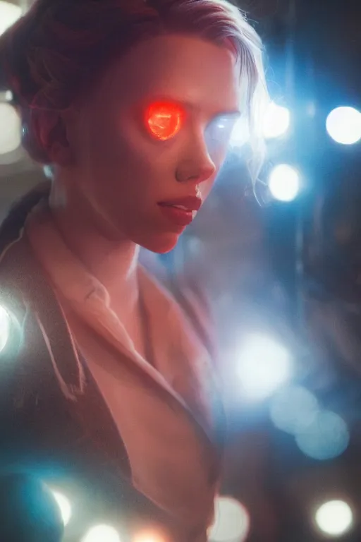 Prompt: portrait scarlett johansson masterpiece high fashion photography, bokeh, ready player one, scifi repair workshop, neon lights, james gurney, katsuhiro otomo, james paick, cinematic lighting, artstation, glowsticks, smoke, Craig Mullins, Greg Rutkowski, Pete Morbacher, Tuomas Korpi, tekkon kinreet, volumetric light, artstation, , octane render, redshift render, low angle camera by Edgar Maxence and Ross Tran and Michael Whelan, Legends of Runeterra