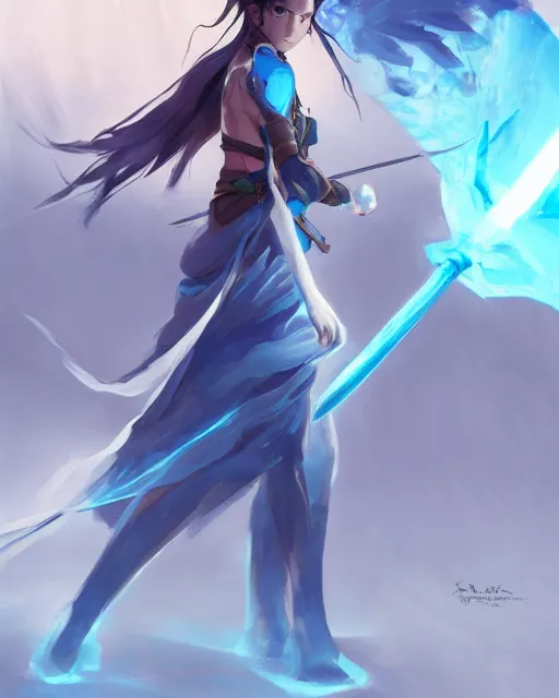 Image similar to a female warrior holding a glowing blue sword, magical. By Makoto Shinkai, Stanley Artgerm Lau, WLOP, Rossdraws, James Jean, Andrei Riabovitchev, Marc Simonetti, krenz cushart, Sakimichan, trending on ArtStation, digital art.