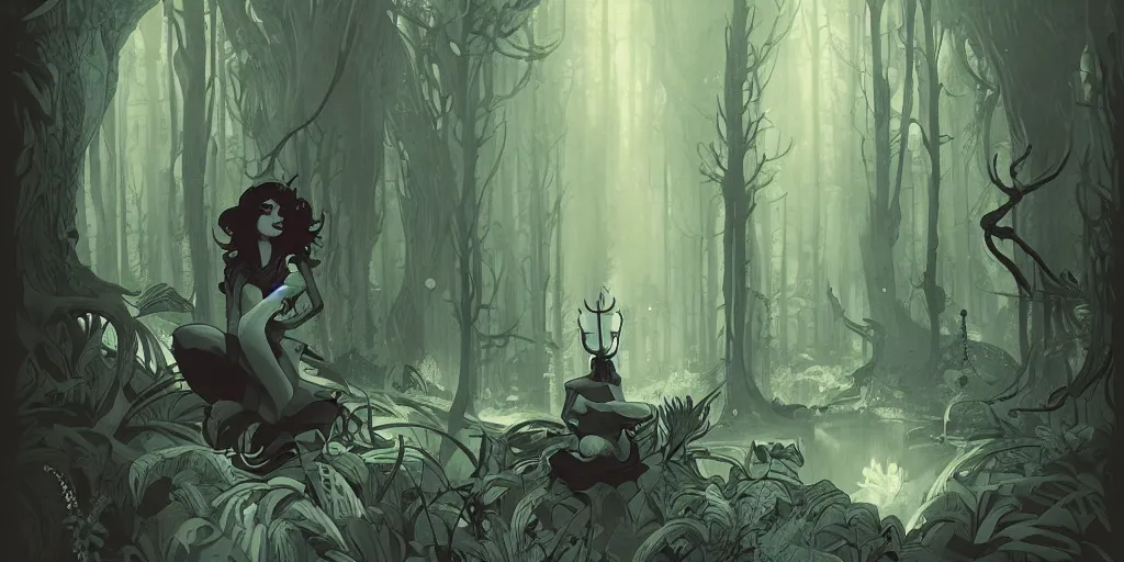 Prompt: girl in a forest poster, very clean art, clean thick black lineart, art style by hollow knight & peter mohrbacher, beautiful mysterious feel