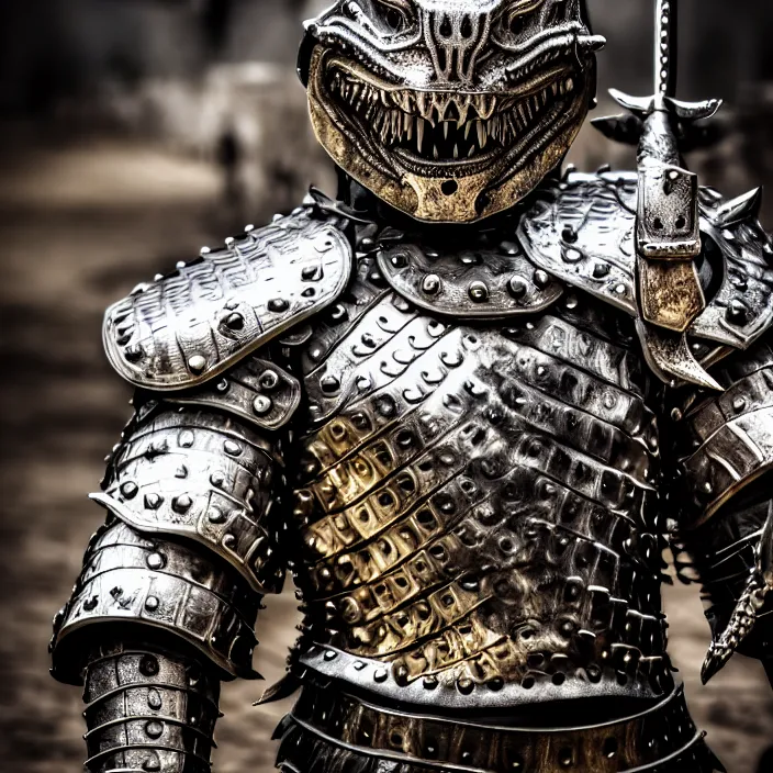 Image similar to photo of a warrior with metal crocodile themed armour, highly detailed, 4 k, hdr, smooth, sharp focus, high resolution, award - winning photo