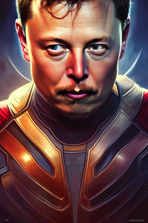 Prompt: elon musk as thor, realistic portrait, symmetrical, highly detailed, digital painting, artstation, concept art, smooth, sharp focus, illustration, cinematic lighting, art by artgerm and greg rutkowski and alphonse mucha