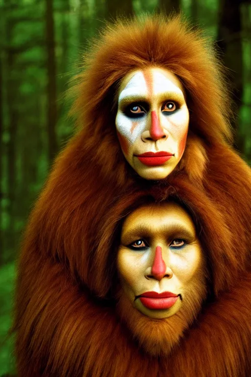 Image similar to a professional portrait photo of a neanderthal woman forest, face paint, ginger hair and fur, extremely high fidelity, natural lighting, still from the movie quest for fire