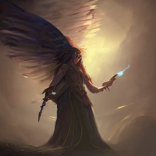Prompt: magical feather pen, magic smoke trails on the feather pen, epic fantasy style, in the style of Greg Rutkowski, hearthstone artwork