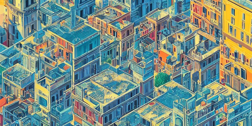 Image similar to !! photography isometric!! rome in a sunny day, artwork by tooth wu, colorful contrast,!!!! very coherent!!!!, dark shadow, thick lineart