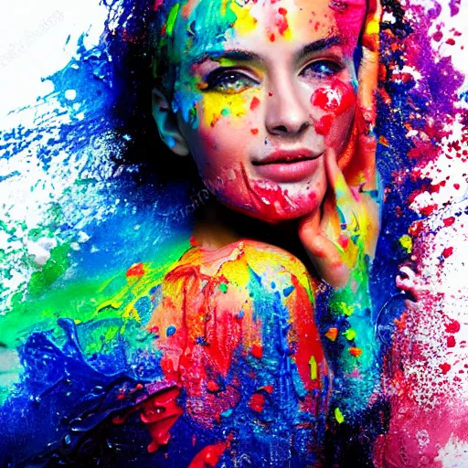 Image similar to potrait of a female model get splash with paint liquid , commercial ads