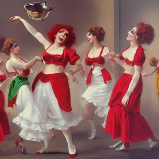 Prompt: a group of women dressed in Ronald McDonald costumes dancing around a boiling cauldron by Luis Ricardo Falero
