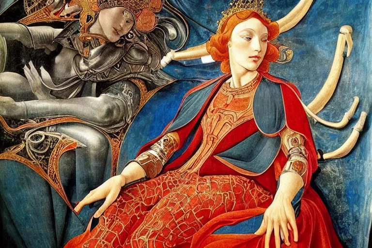 Image similar to beautifully painted mural portrait of a cyborg king in ornate royal garments sitting in his royal throne room, piercing glowing eyes, intricate, elegant, incredible lighting, sci fi scenery, fantasy setting, vogue cover poses, mural in the style of sandro botticelli, caravaggio, albrecth durer