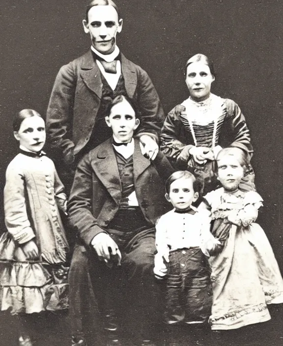 Prompt: a sepia photograph of a smiling victorian era family. in the background there is a strange and menacing steampunk cyborg